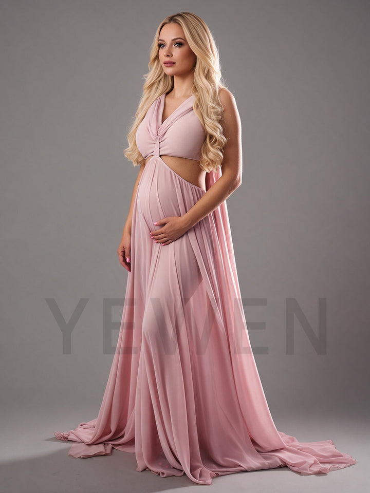 Wrap V-Neck Cutout Sheer Chiffon Maternity Photoshoot Gown YW2609306