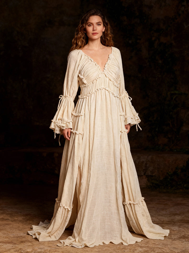 Long Sleeves Cotton Woman Dresses Two Side Slit Photo Shoot Dresses Fancy Photography Props YEWEN YW231020