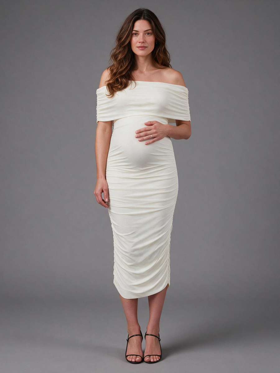 Off-Shoulder Ruched Body Maternity Dress for Baby Shower