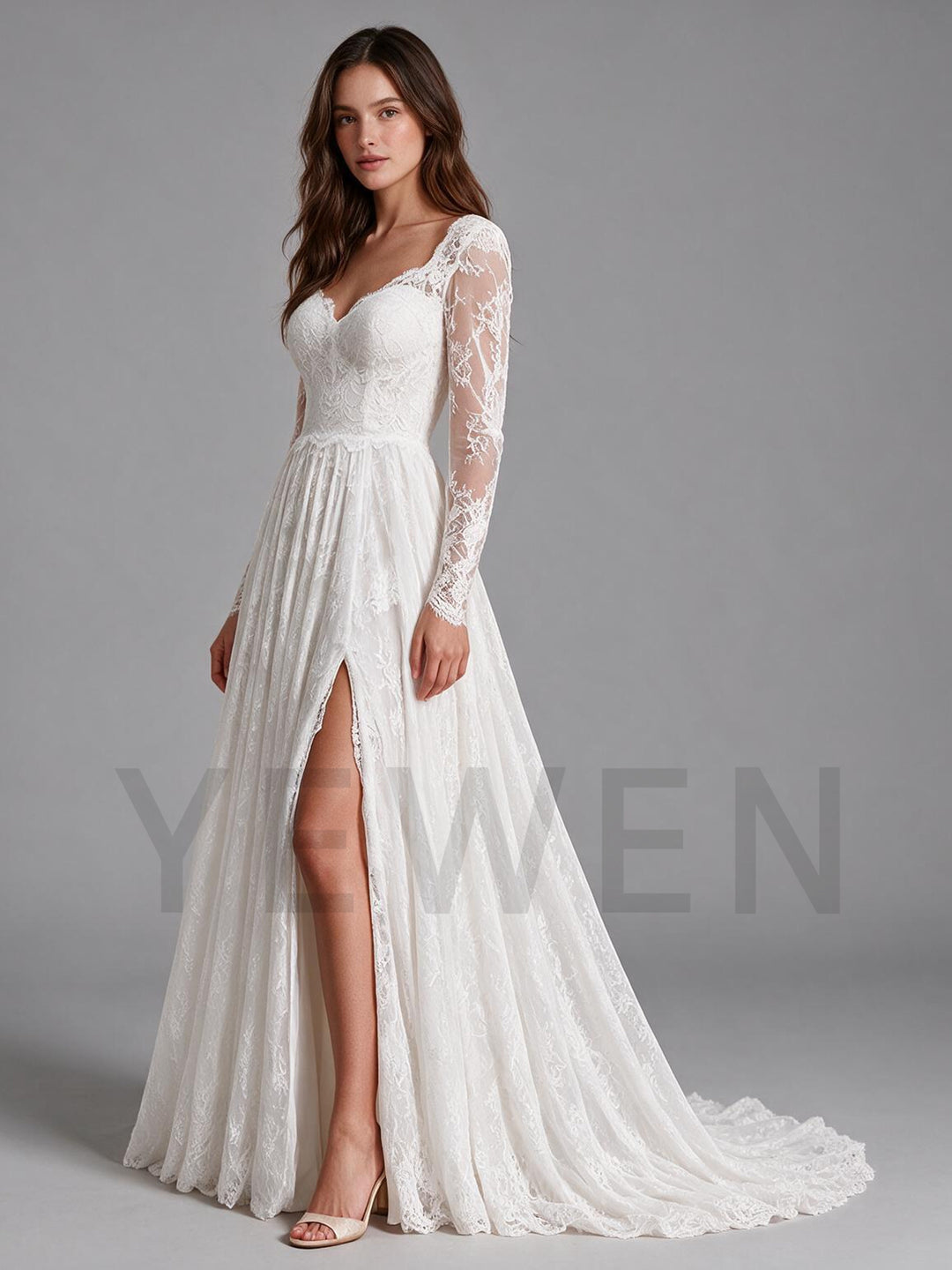 Ivory A-line Sweetheart Sheer Long Sleeve Lace Boho Wedding Dress