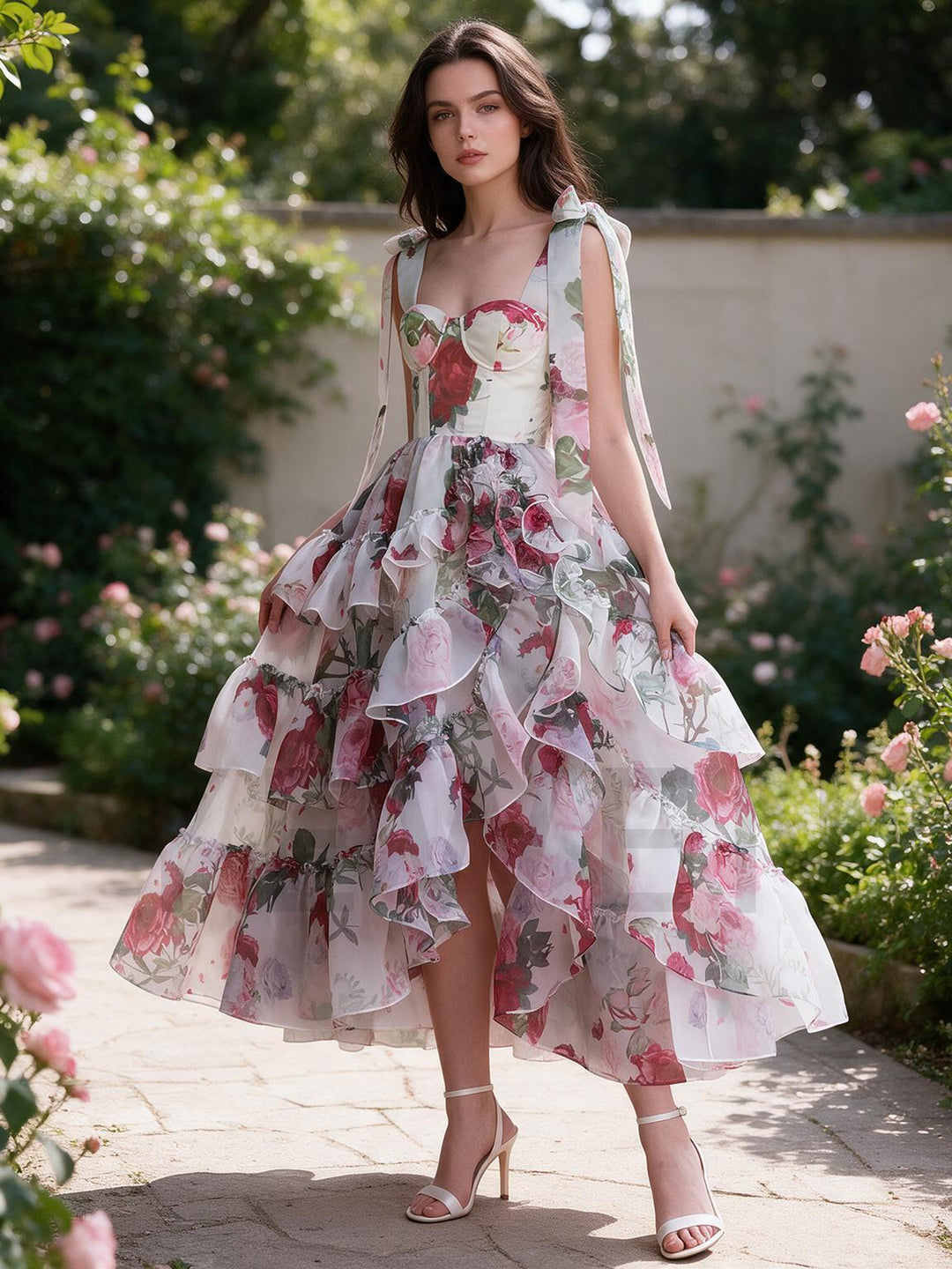 Watercolor Floral Tiered Ruffle Shoulder Tie Princess Dress YW2610164