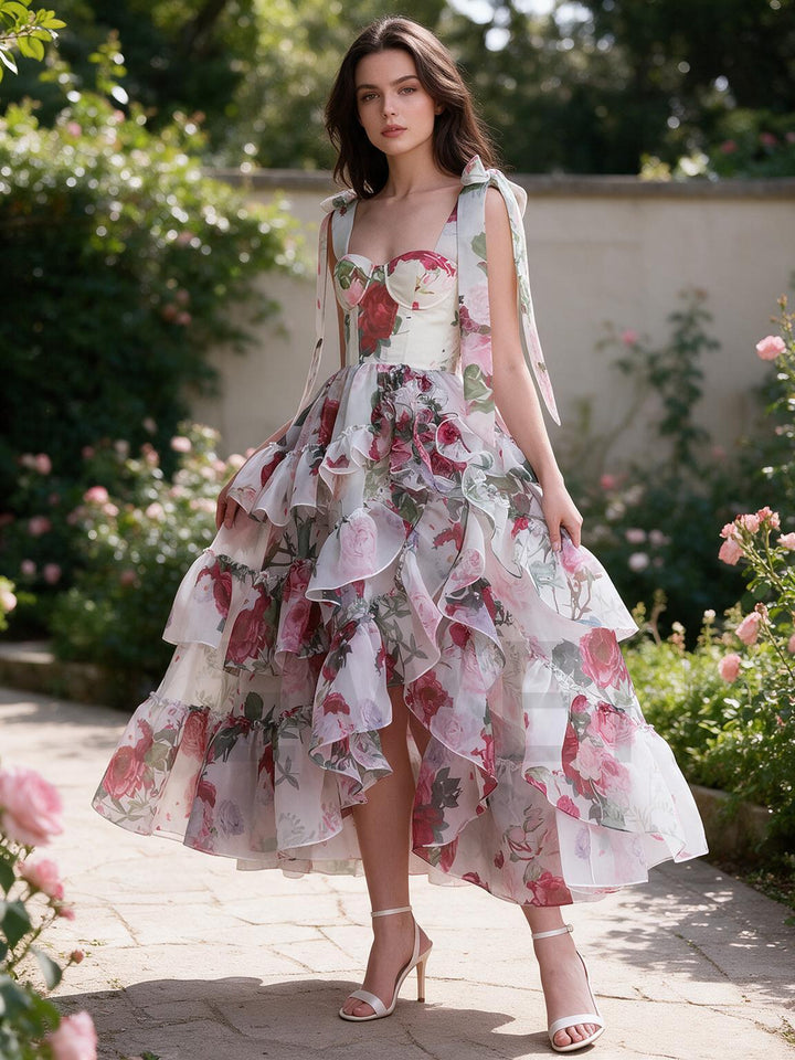 Watercolor Floral Tiered Ruffle Shoulder Tie Princess Dress YW2610164
