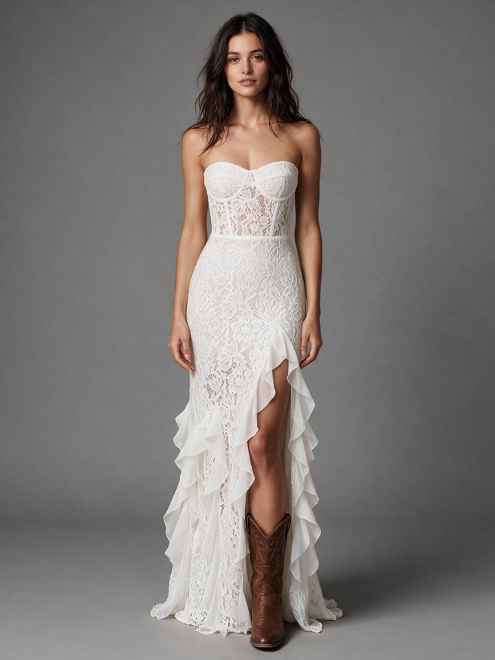 Ivory Strapless Wedding Dress with Sheer Lace Corset and Tiered Ruffle Skirt