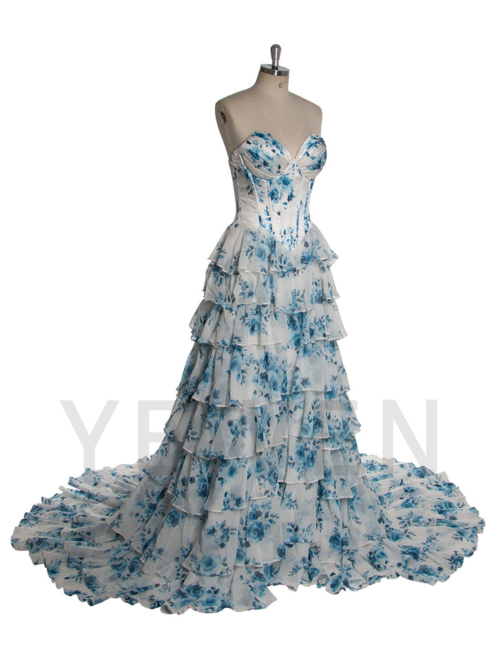 Elegant A Line Printed Chiffon Long Prom Dress with Ruffles YW240048