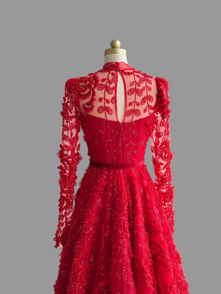 Striking Red Gown Embroidered Beaded Tulle Formal Gown Gala Dress
