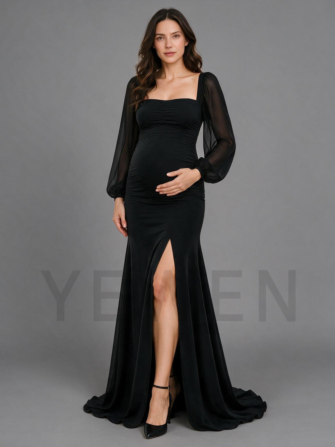 Ruched Black Mermaid Maternity Gown High Slit Sheer Sleeve Baby Shower Dress