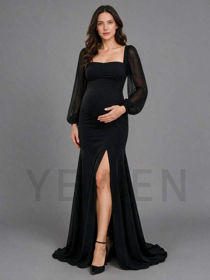 Ruched Black Mermaid Maternity Gown High Slit Sheer Sleeve Baby Shower Dress