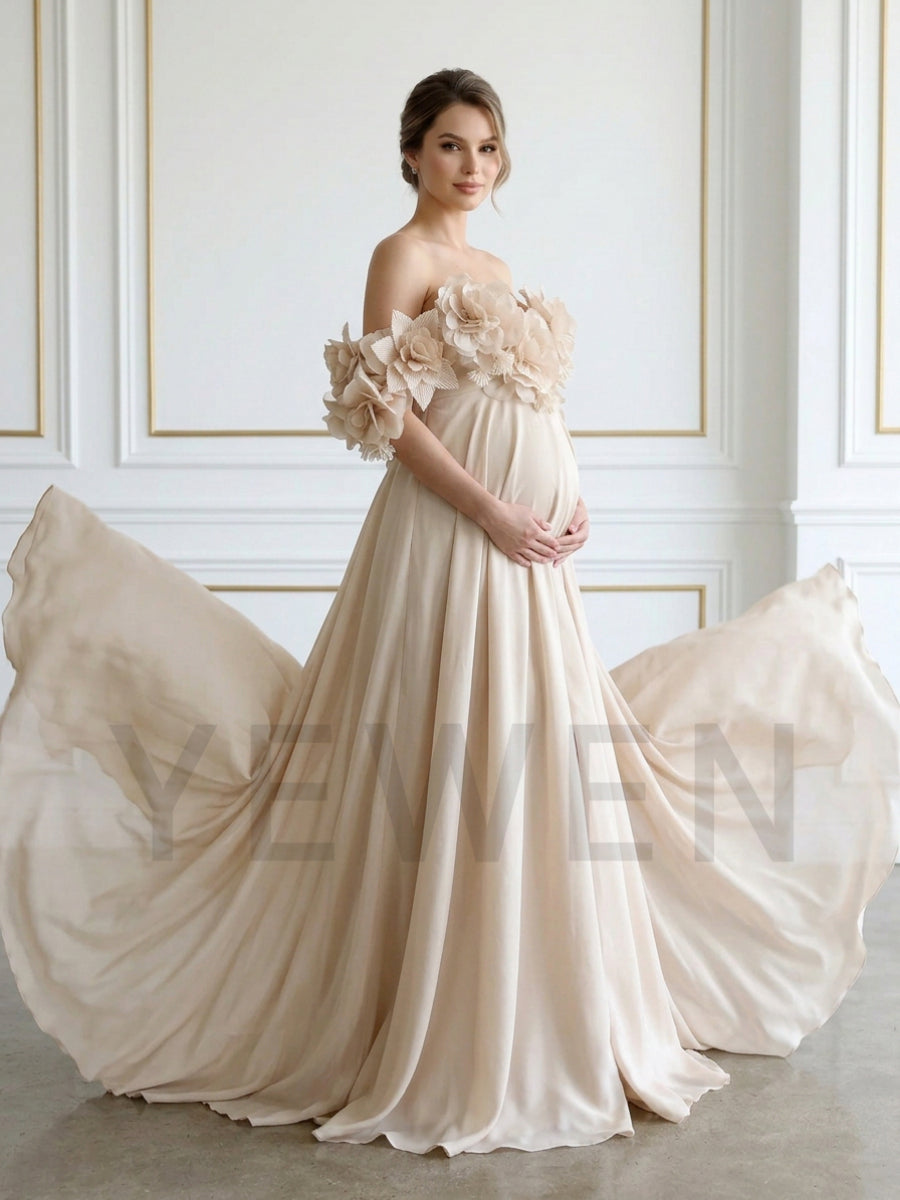 Champagne Off-Shoulder 3D Floral Maternity Photoshoot Gown YD260906