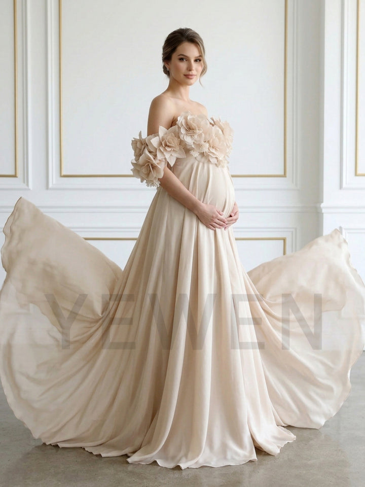 Champagne Off-Shoulder 3D Floral Maternity Photoshoot Gown YD260906