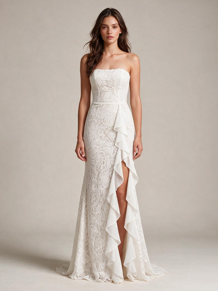 Ivory Strapless Fitted Lace Mermaid Boho Wedding Dress with High Slit Skirt