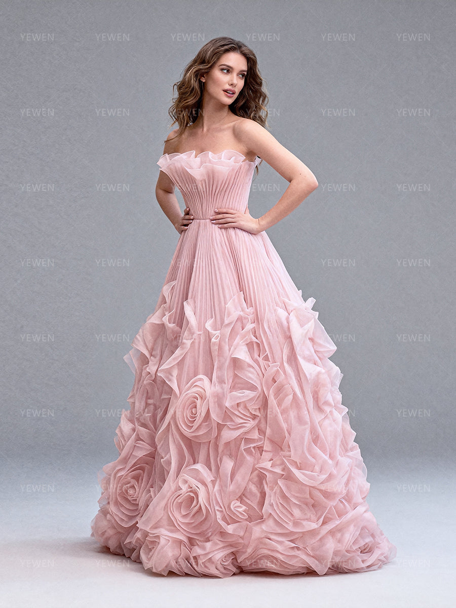 Pink Pleated 3D Handmade Flower Strapless Photoshoot Dress Wedding Gown Bespoke Occasion Dresses