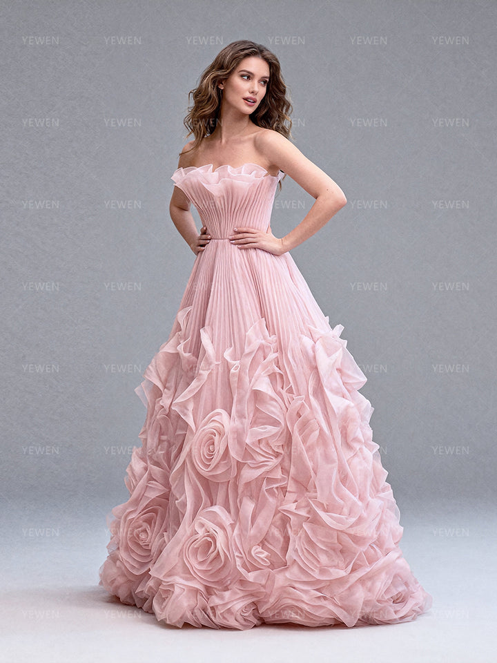 Pink Pleated 3D Handmade Flower Strapless Photoshoot Dress Wedding Gown Bespoke Occasion Dresses