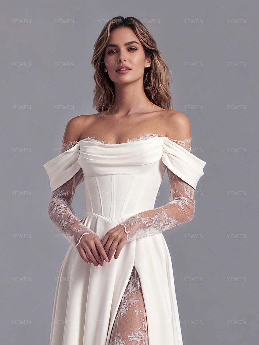 Off Shoulder Wedding Dress Long Sheer Lace Sleeves Bridal Gown