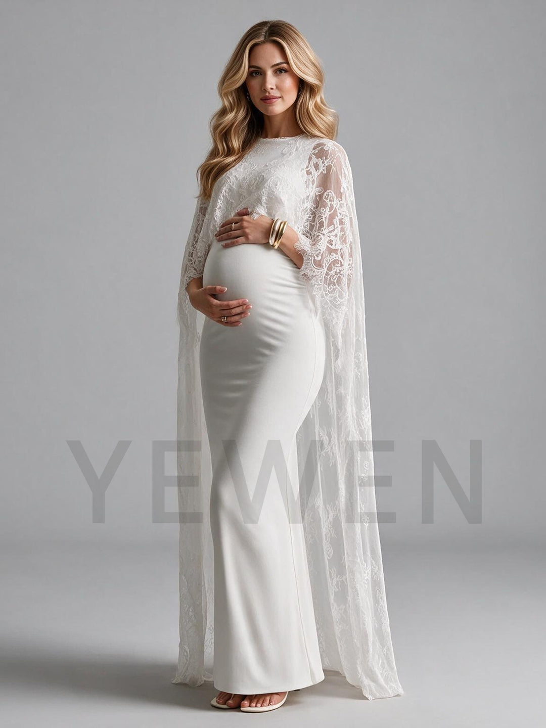 Crew Neck Lace Long Cape Maternity Dress for Baby Shower YM261012