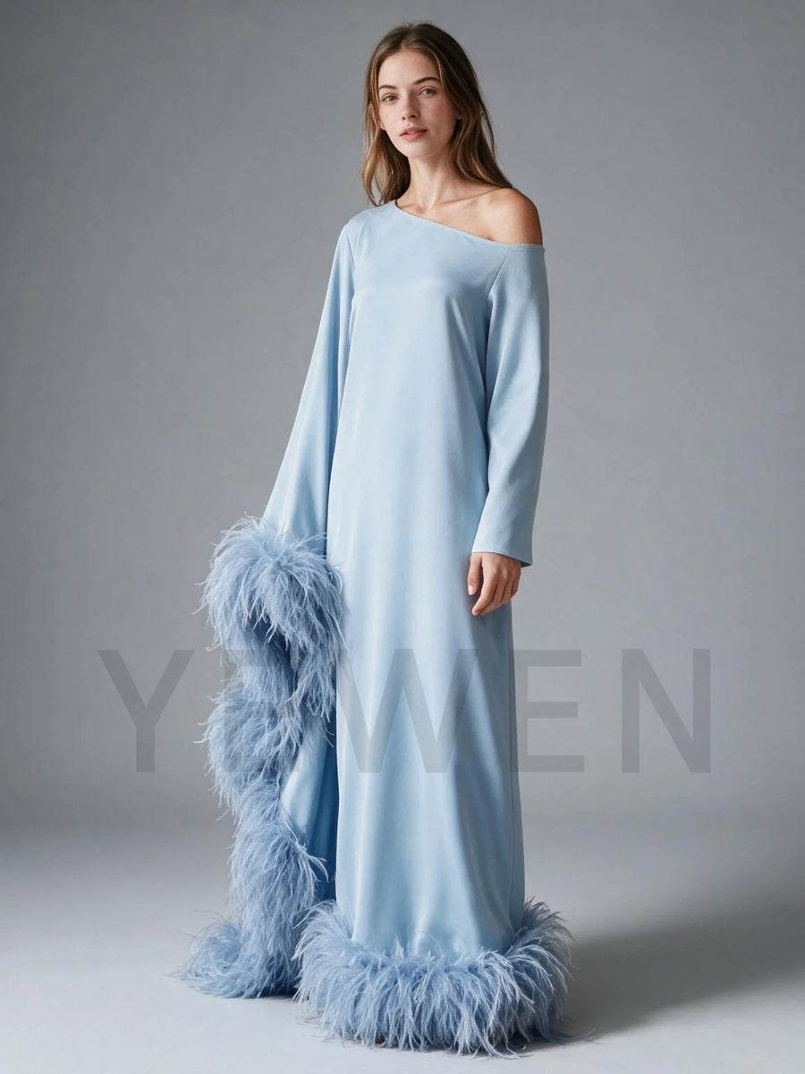 One-Shoulder Ostrich Feather Poncho Drape Satin Evening Gown YW2610066