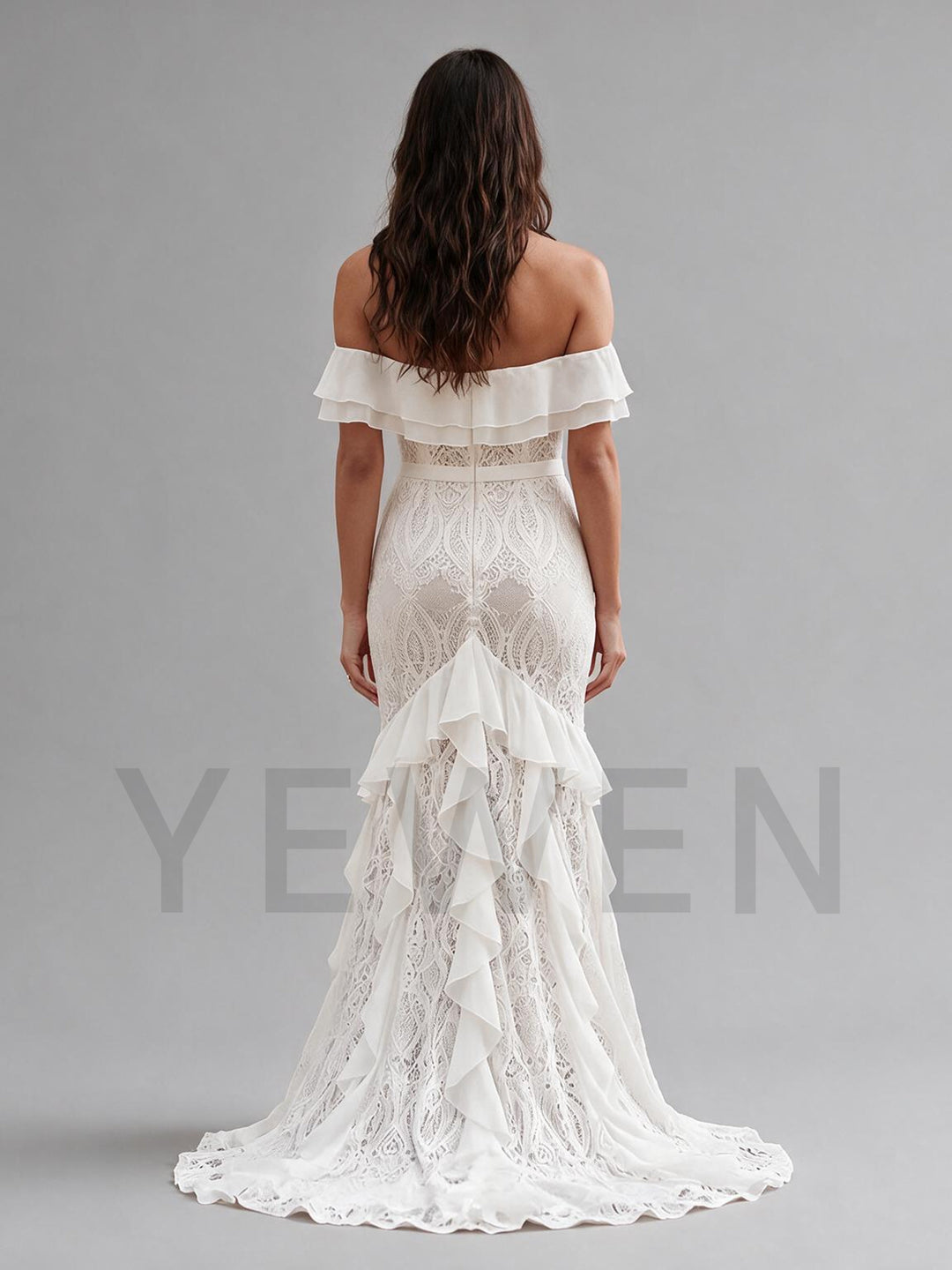 Ivory Off-Shoulder Ruffle Neckline Fitted Lace Boho Wedding Dress