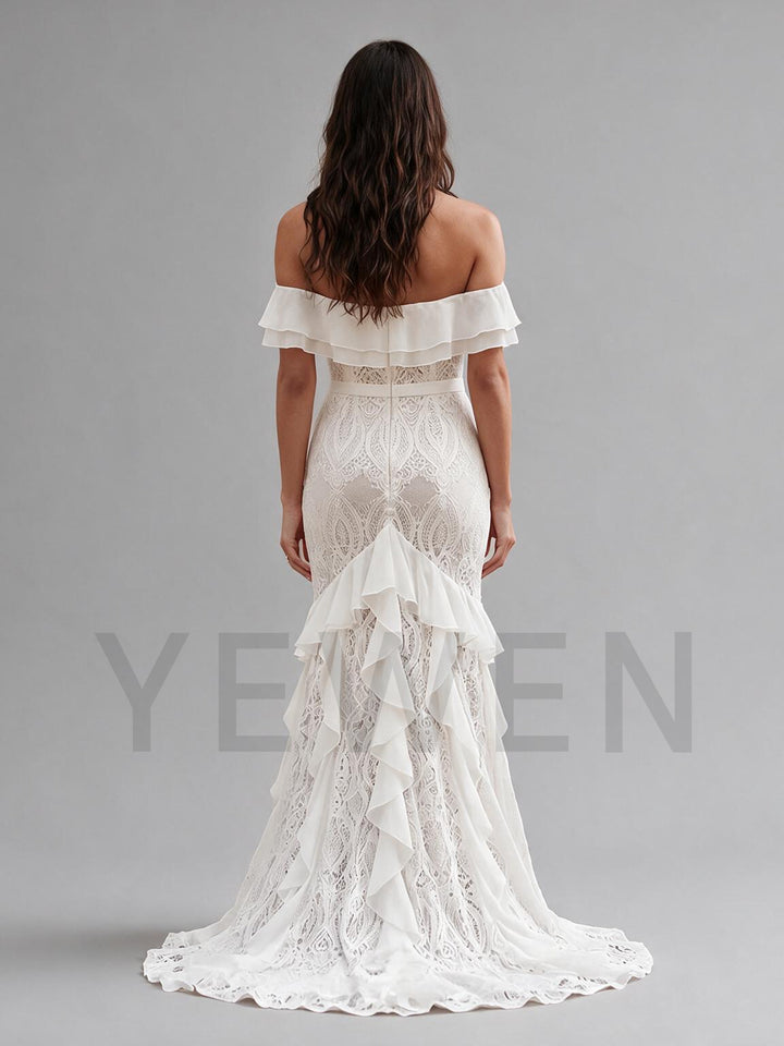 Ivory Off-Shoulder Ruffle Neckline Fitted Lace Boho Wedding Dress