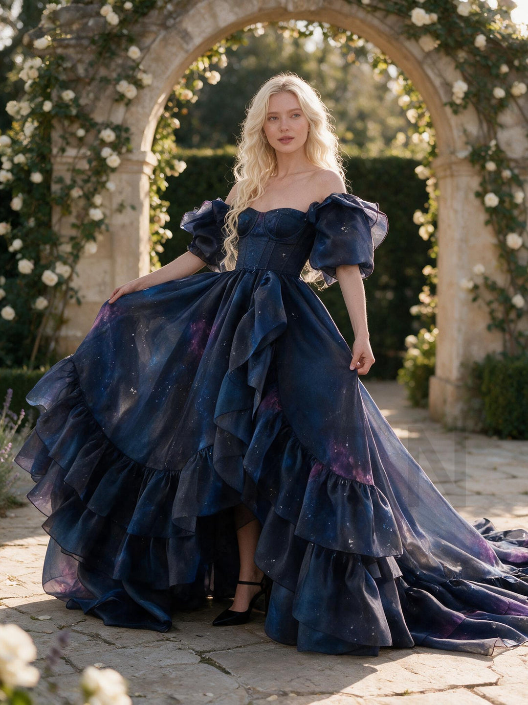 Navy Galaxy Off-Shoulder Ruffle Puff Sleeve Princess Dress YW2609275