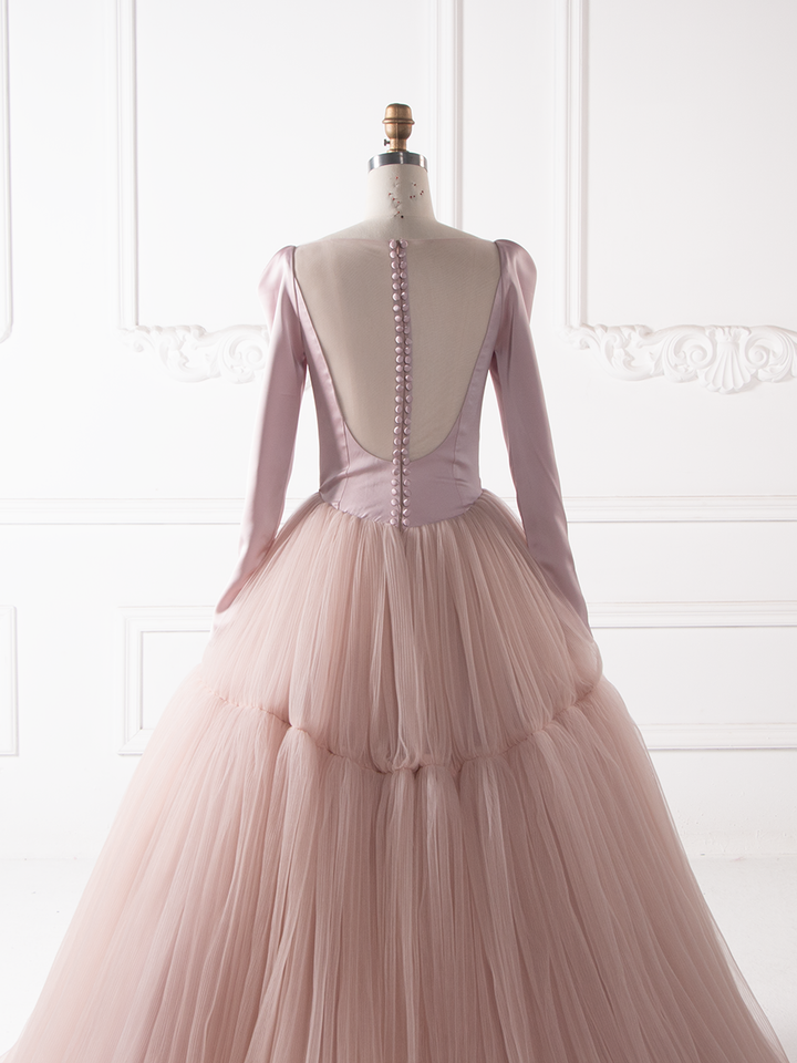 Soft Pink Event Dress Puffy Tulle Dress with Long Train Colorer Wedding Dress Photography Gown YW260268