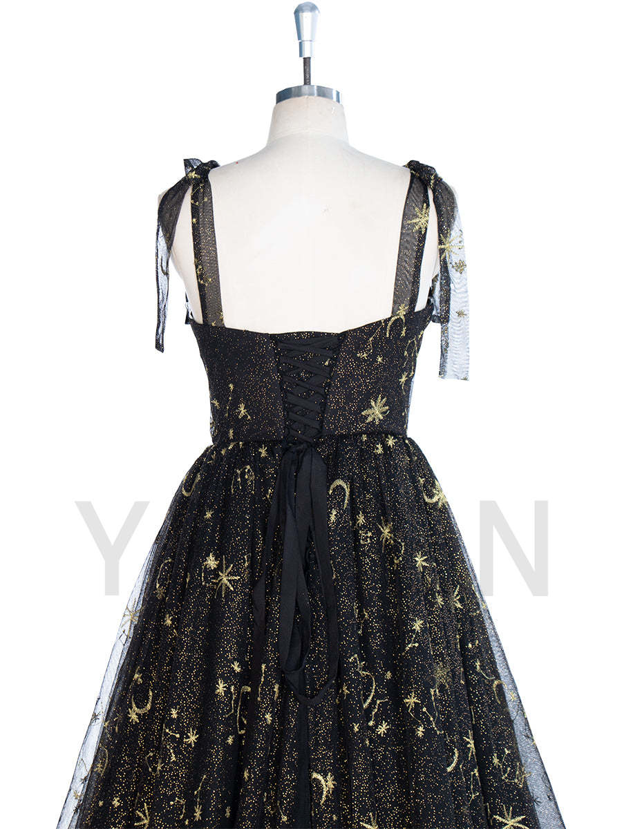 Black Tulle Embroidered Gold Stars Prom Dress High Leg Slit Party Gown W243137