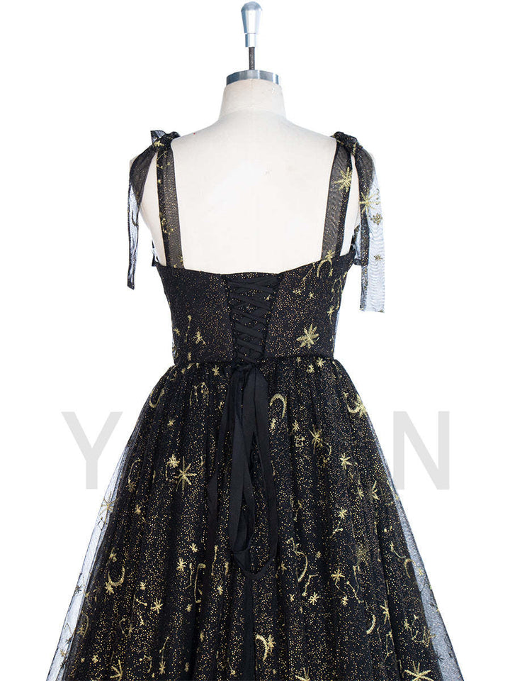 Black Tulle Embroidered Gold Stars Prom Dress High Leg Slit Party Gown W243137