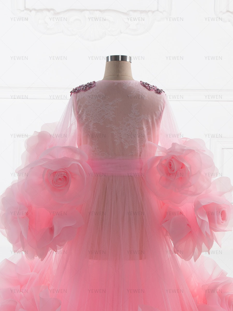 Pink Organza 3D Flowers Child Birthday Dress Flower Girl Dresses Princess Party Dress Photo Shooting Dress YW260298