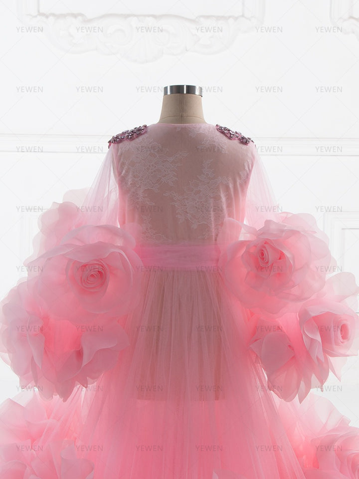 Pink Organza 3D Flowers Child Birthday Dress Flower Girl Dresses Princess Party Dress Photo Shooting Dress YW260298