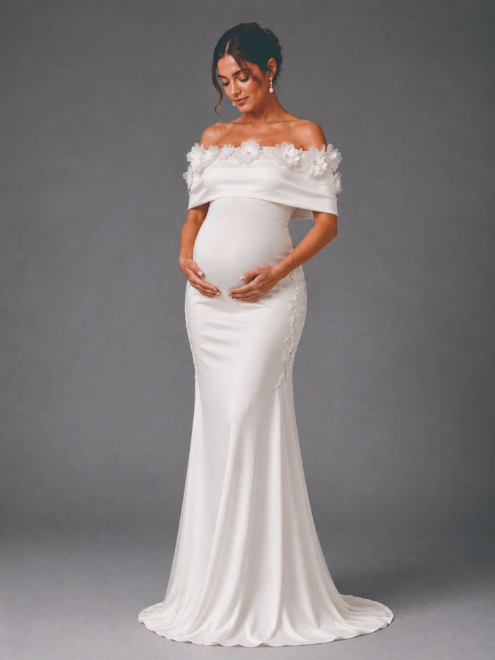 White Off-Shoulder 3D Floral Fitted Maternity Dress for Baby Shower L-26920