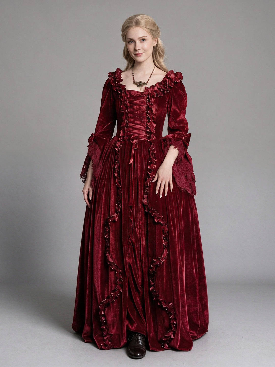 Burgundy Velvet Bell Sleeve Princess Dress for Christmas YW2610216