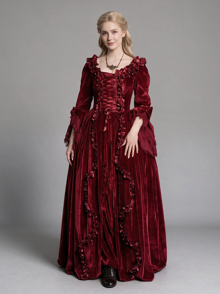 Burgundy Velvet Bell Sleeve Princess Dress for Christmas YW2610216