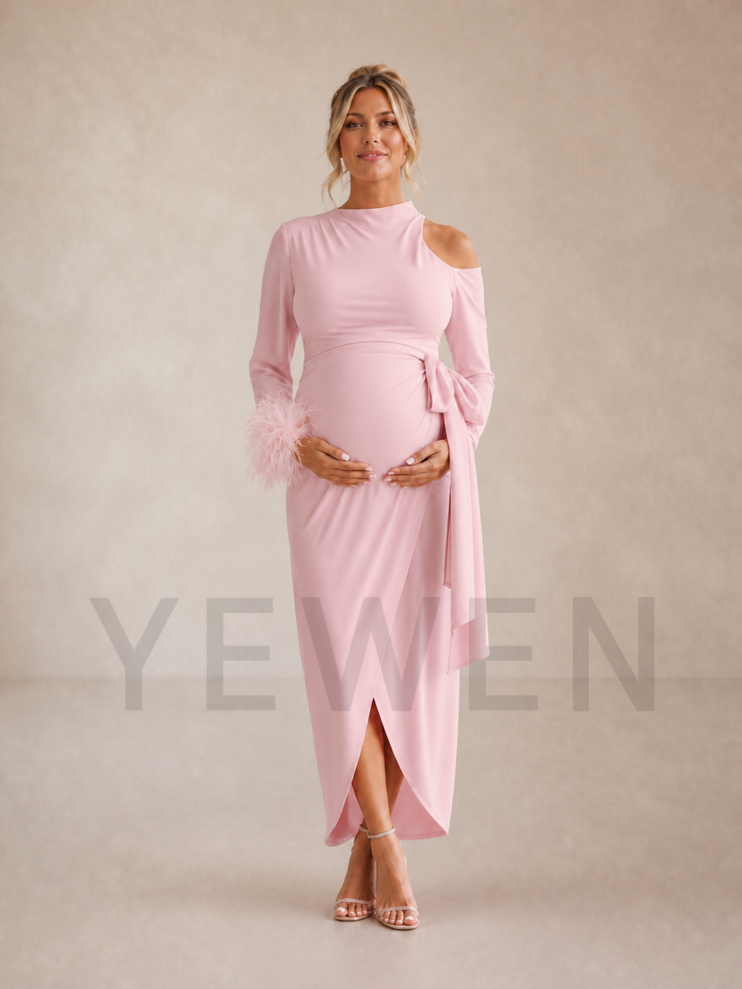 Elegant Pink Maternity Midi Dress Cold Shoulder Gown with Feather Cuffs ZX003