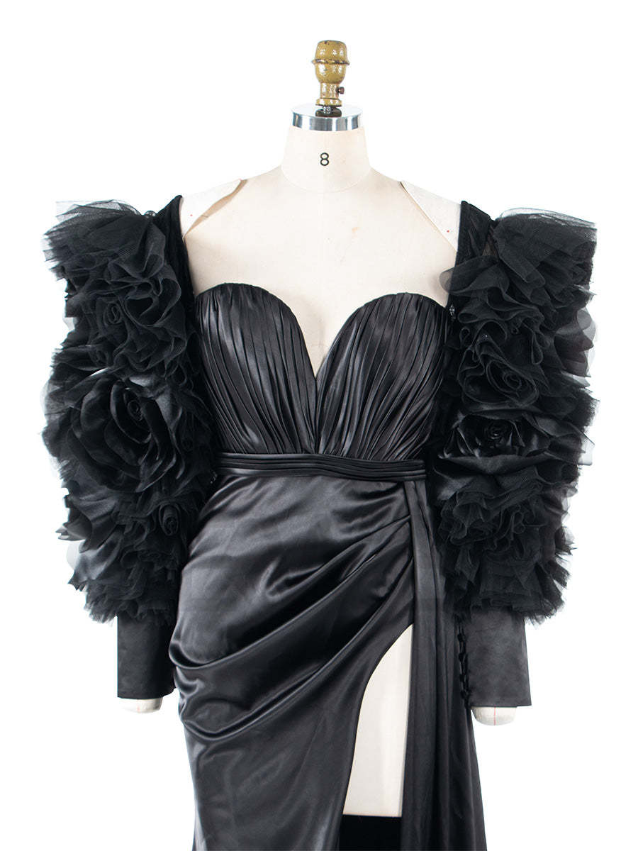 Black Stretchy Satin Mermaid Style Special Event Dress Party Dress Detachable Sleeves YW250042