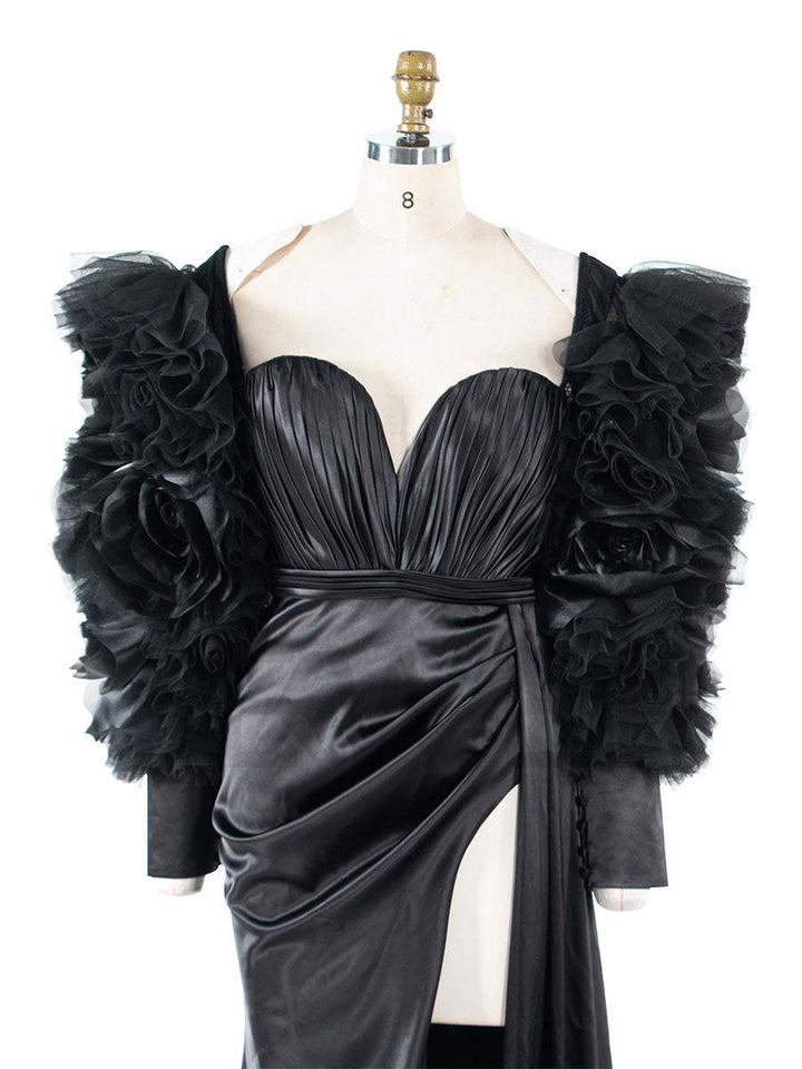 Black Stretchy Satin Mermaid Style Special Event Dress Party Dress Detachable Sleeves YW250042