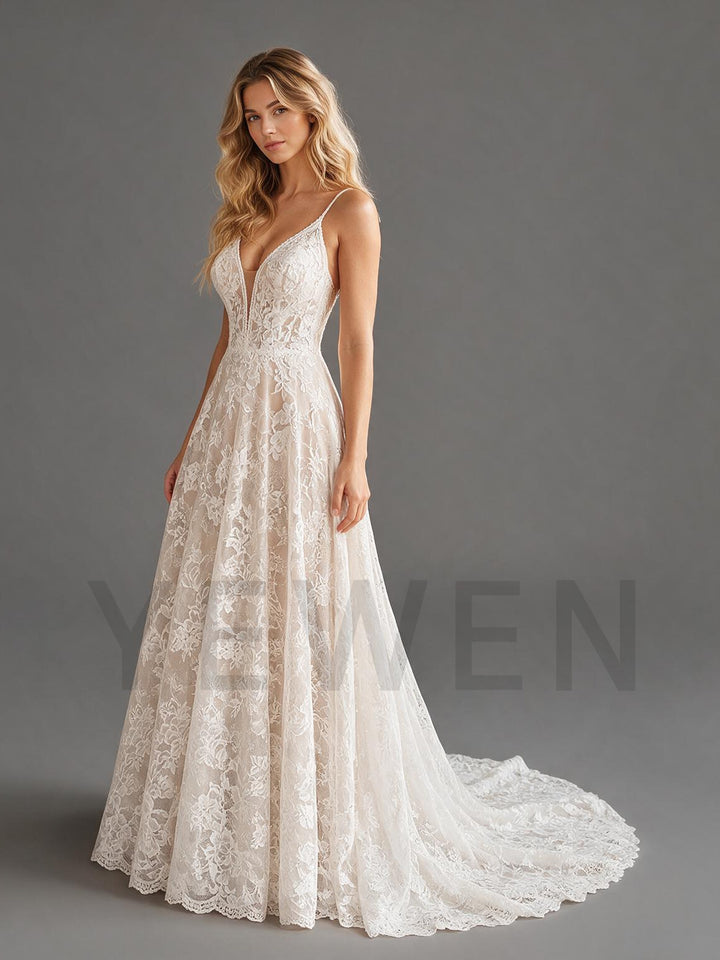 Ivory Spaghetti Strap Deep V-Neck Sheer Floral Lace Wedding Dress