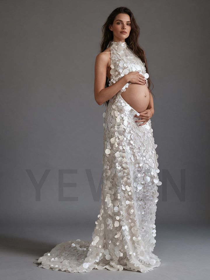 Halter Cutout Belly Sequin Maternity Photoshoot Gown YW2609233