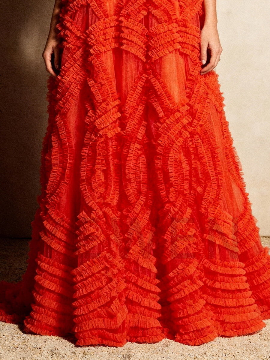 Customized Luxury Evening Dress A Line Sweetheart Ruffles Tulle Prom Dress