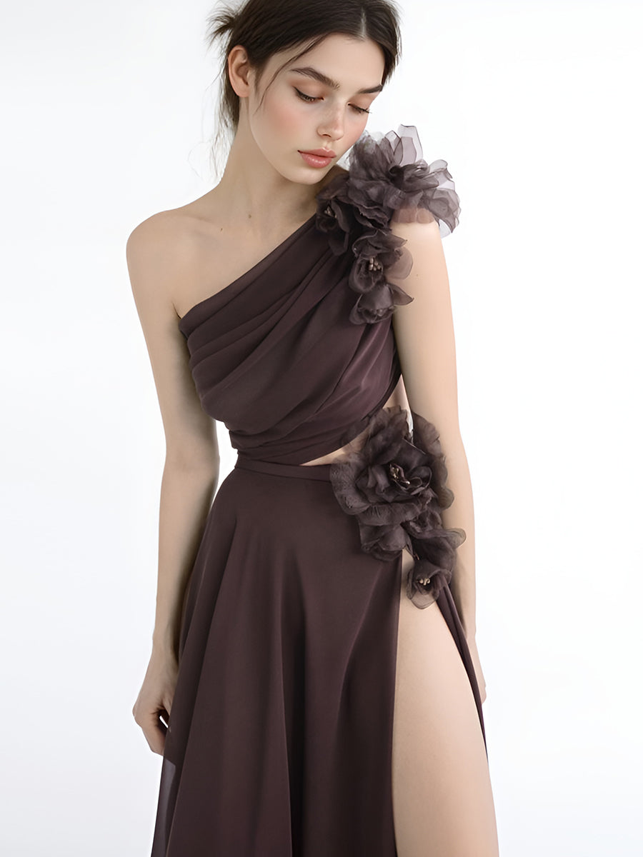 One Shoulder Top with Skirt High Leg Slit Party Wear Outfit Wedding Guest Dress