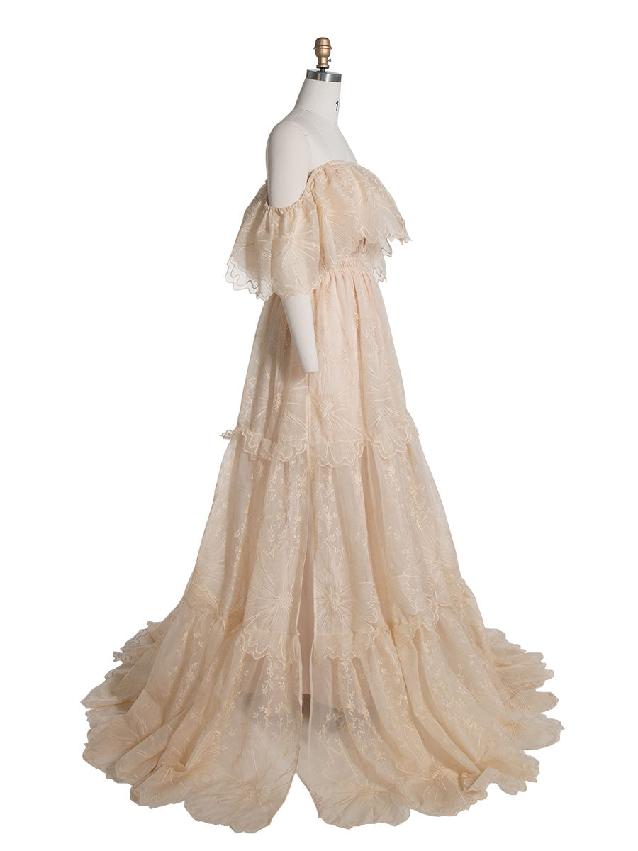 boho off the shoulder maternity dress Momyknows Boho Lace Off Shoulder Lace Tassel Crop 2-in-1 Side Slit Ruffle Photoshoot Maternity Maxi Dress, Apricot / S
