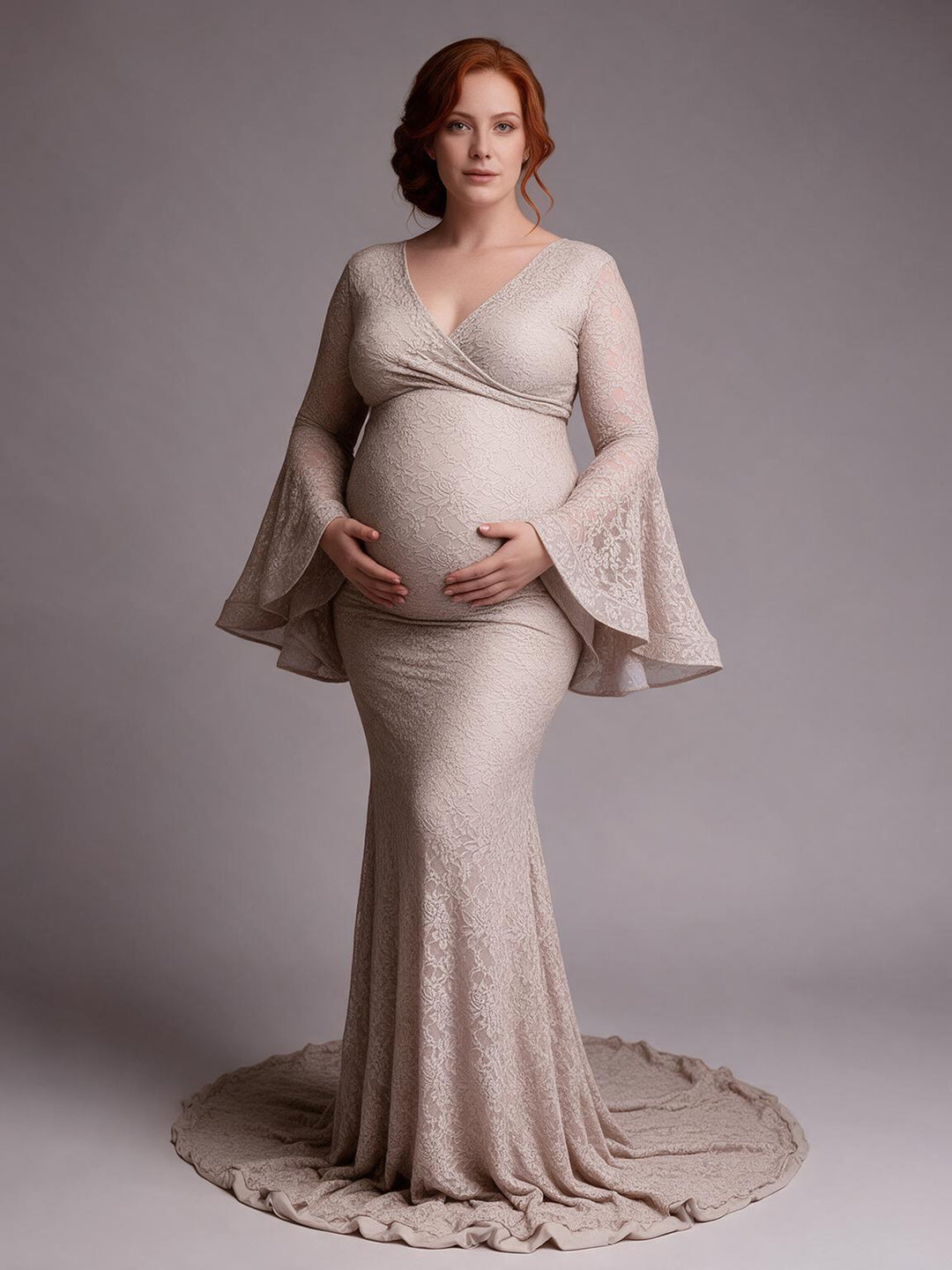 Lace Bell Sleeve V-Neck Mermaid Maternity Photoshoot Gown YW2609307