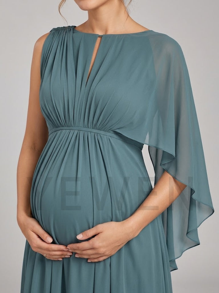 Satin Chiffon One-Shoulder Cape Maternity Baby Shower Dress L-26945