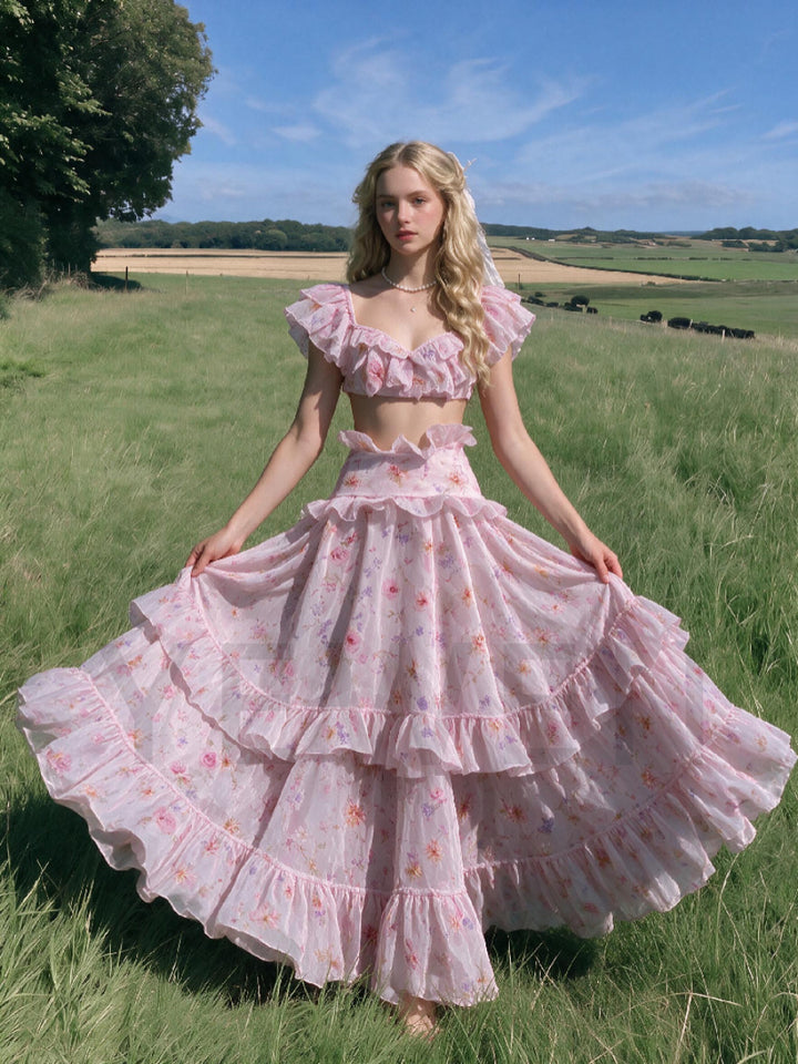 Pink Floral Two-Piece Princess Dress | Ruffled Crop Top & Tiered Long Skirt WT268008