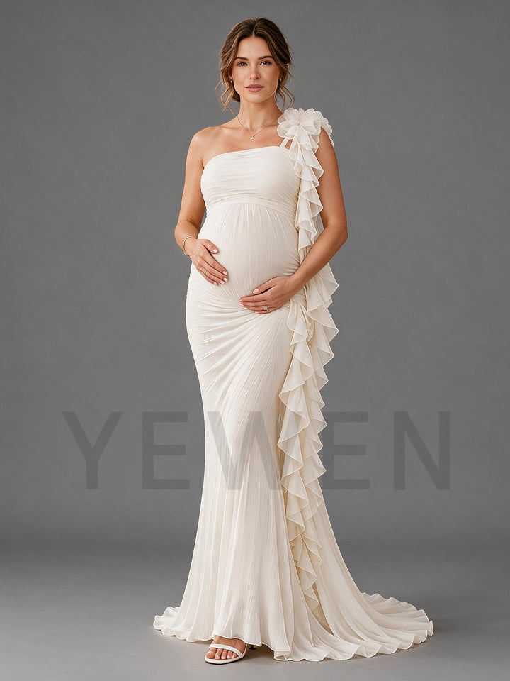 Cream Pleated Chiffon Maternity Gown One Shoulder Cascading Ruffle Baby Shower Dress