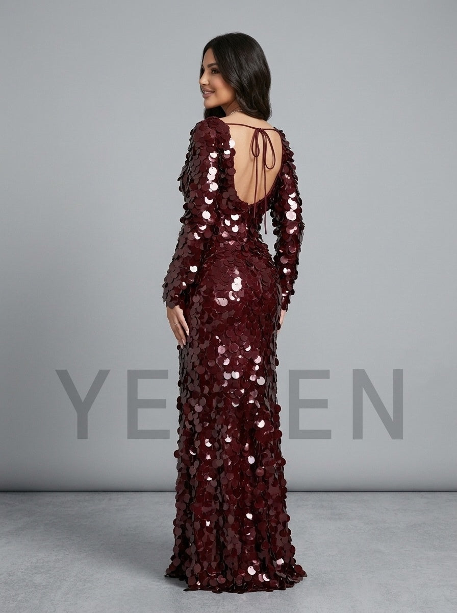 Pink Scoop Neck Big Sequin Long Sleeve Fitted Evening Gown YD261024