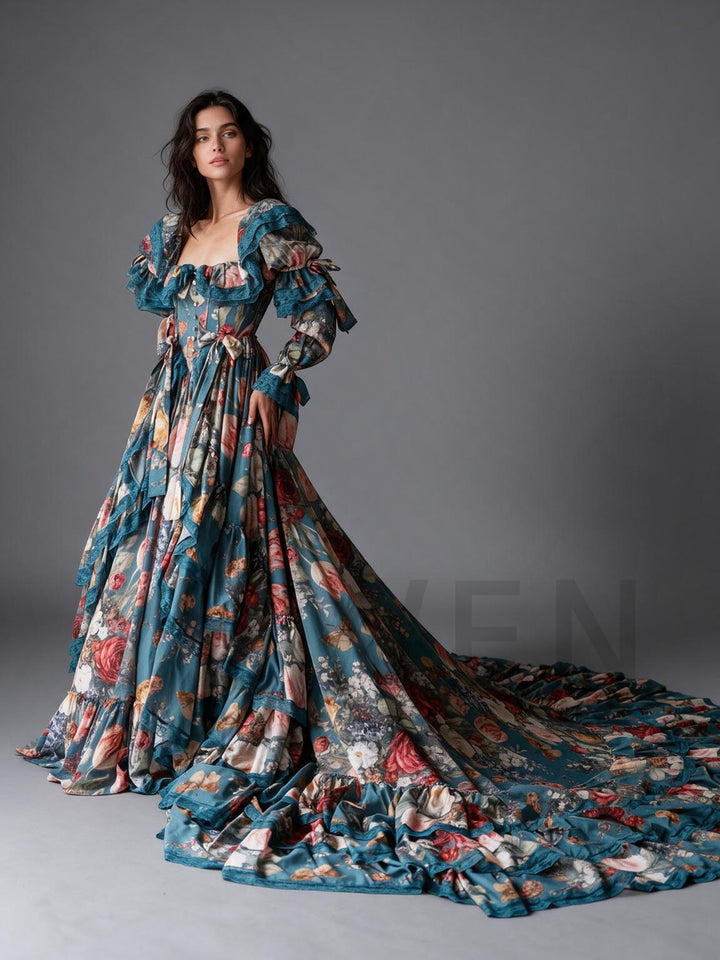Teal Floral Lace Square Neck Tiered Ruffle Princess Dress YW26101412