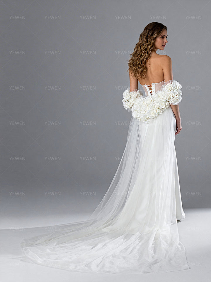 Bridal Tulle Cape with Handmade Flowers Detachable Wedding Cape Train with sleeves Romantic Lightweight Bridal Accessory