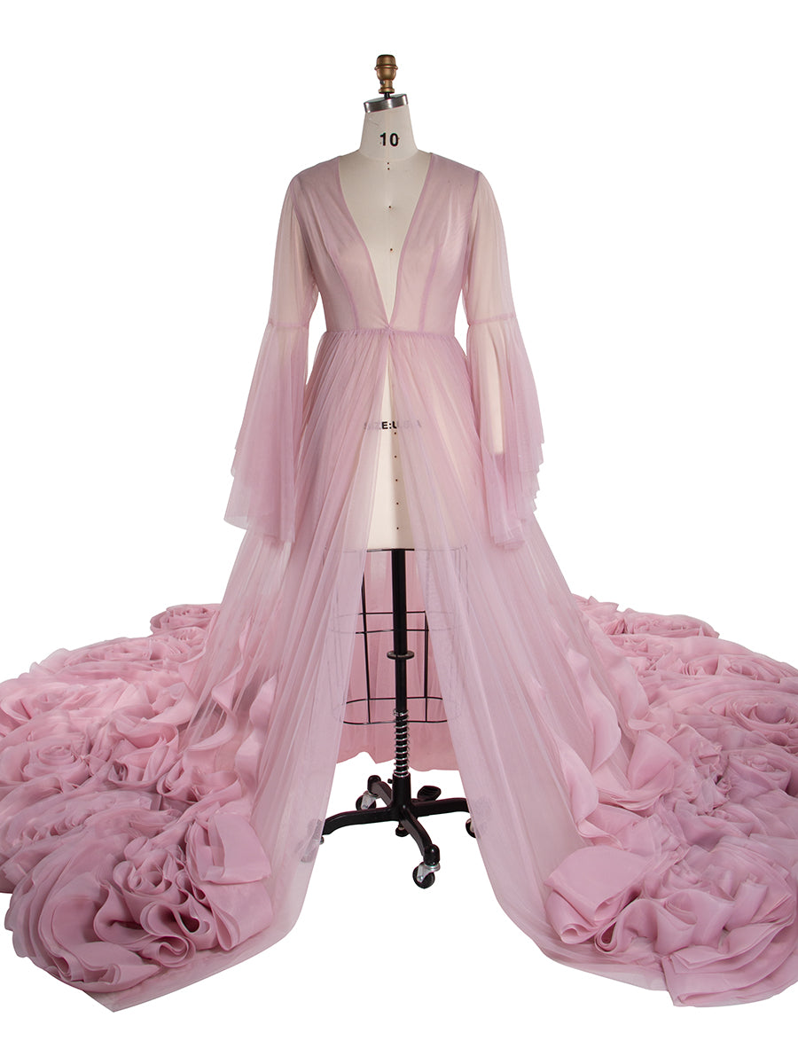 Organza Ruffles Wedding Dresses Long Train Photo Shoot Dress Props Bridal Shower Robe YW250027