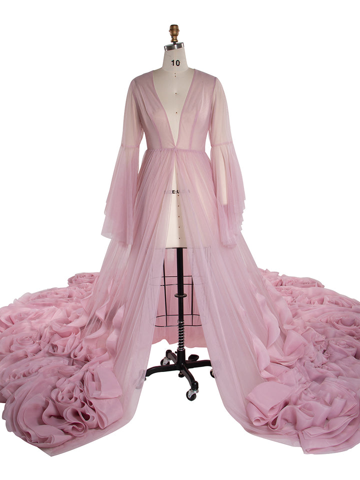 Organza Ruffles Wedding Dresses Long Train Photo Shoot Dress Props Bridal Shower Robe YW250027
