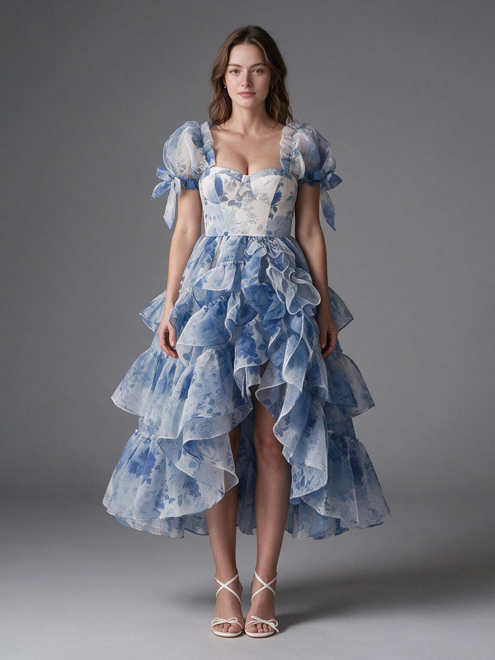 Blue Floral Puff Sleeve High-Low Tiered Ruffle Princess Gown YW2609292