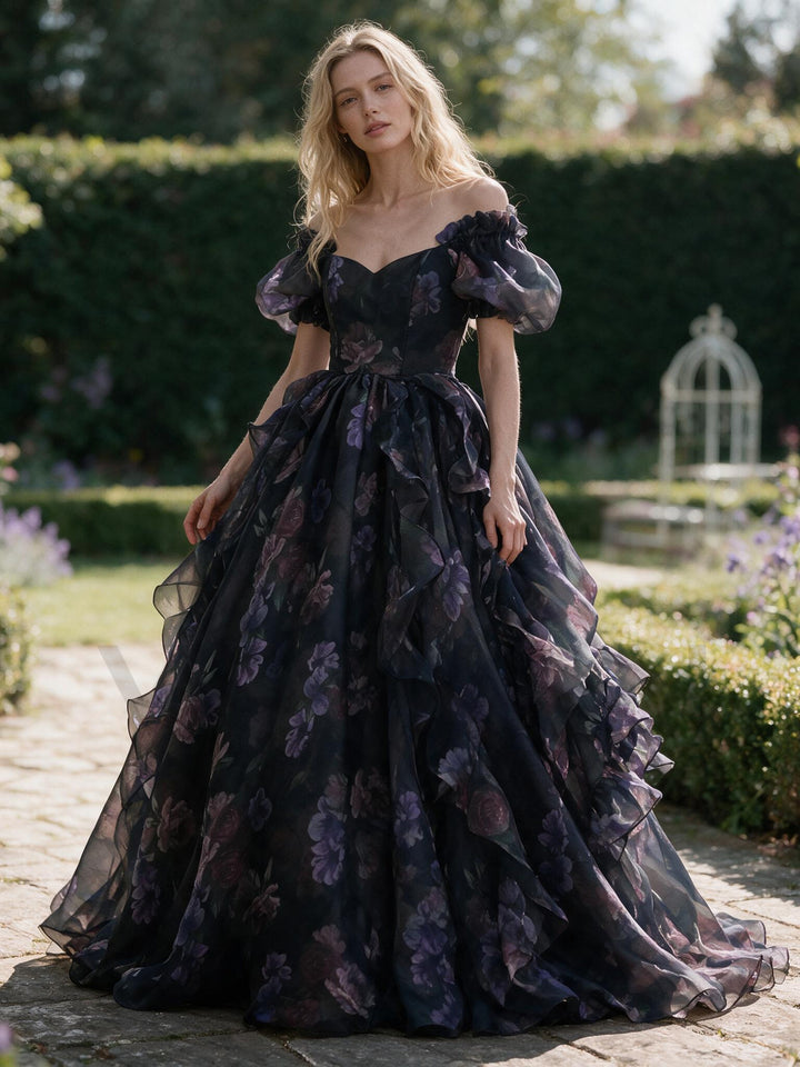 Black Purple Floral Tiered Ruffle Puff Sleeve Princess Dress YW2610151
