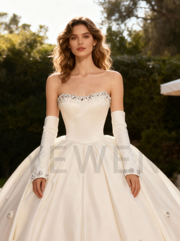 Strapless Satin Wedding Dress Beaded Bridal Gown Customized